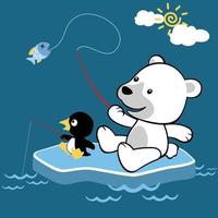 Cute polar bear with little penguin fishing on ice chunk, vector cartoon illustration