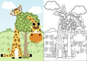 Funny giraffe and monkey playing peek a boo, vector cartoon, coloring page or book