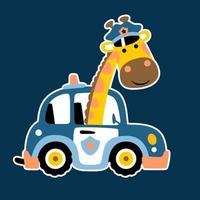 Cute giraffe on police car, vector cartoon illustration