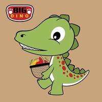 vector cartoon of cute dinosaur brings fruits with basket