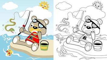 vector cartoon of cute bear fishing gets snake, coloring page or book