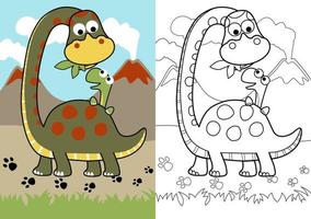 Vector cartoon of dinosaur feeding it son on volcanoes background, coloring page or book