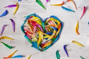 plano vista. corazón de de colores flor pétalos en un blanco antecedentes. dispersado pétalos alrededor el corazón. para el diseño de regalo tarjetas para mujer y muchachas para De las mujeres vacaciones. para san valentin día. foto