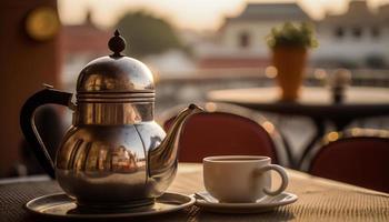 A Relaxing Rooftop Moment, Enjoying a Cup of Freshly Brewed Tea from a Kettle photo