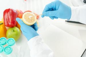 el científico comprueba los residuos de alimentos químicos en el laboratorio. expertos en control inspeccionan la calidad de frutas, verduras. laboratorio, peligros, rohs, encontrar sustancias prohibidas, contaminar, microscopio, microbiólogo foto