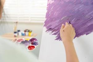 female hobbies about artist and use paintbrush in abstract art for create masterpiece. painter paint with watercolors or oil in studio house. enjoy painting as hobby, recreation, inspiration photo