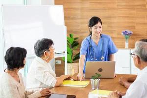 Nursing Home Care concept. A group of elderly people in nursing homes meeting with nursing care assistants photo