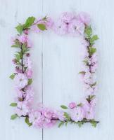 Flowers frame on wooden background photo