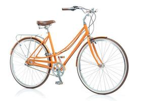 Stylish orange bicycle isolated on white background photo