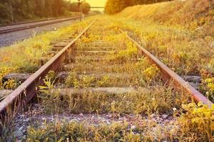 tren pistas a puesta de sol foto