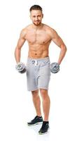 Sport man with dumbbells on the white photo