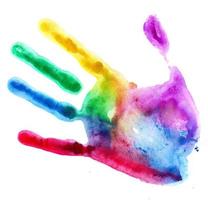 Close-up of colored hand print on white background photo