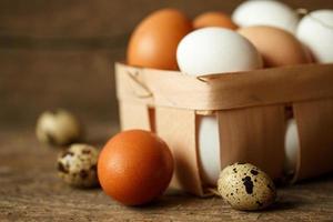 pollo y codorniz huevos en un de madera rústico antecedentes foto