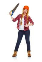 Young woman in helmet with a saw on a white background photo