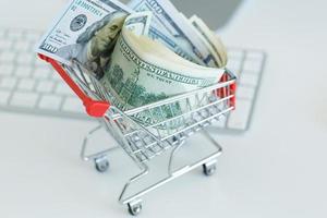 Dollars in the shopping cart - concept of online shopping photo