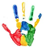 Close up of colored hand print on white photo