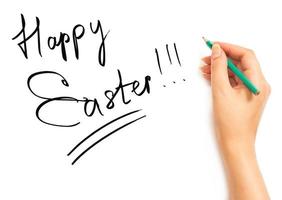 Woman's hand holding a pencil and writing Happy Easter photo