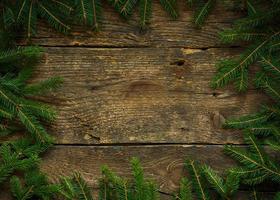 Christmas tree branches on wooden texture ready for your design photo