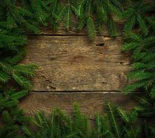 Christmas tree branches on wooden texture ready for your design photo