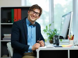 Handsome young man working from home office photo