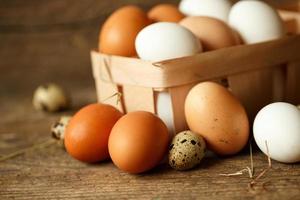 Chicken and quail eggs on a wooden rustic background photo