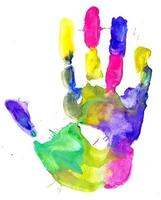 Colorful hand print on white background photo