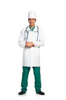 Portrait of doctor with health record on white background photo