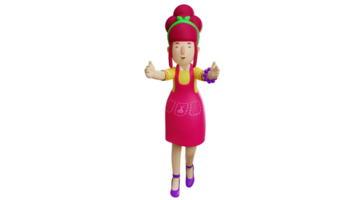 3D illustration. Young Mother 3D cartoon character. Beautiful young mother wearing a pink apron. Young mother spreads her arms in a hugging pose. Smiling friendly waitress. 3D cartoon character png