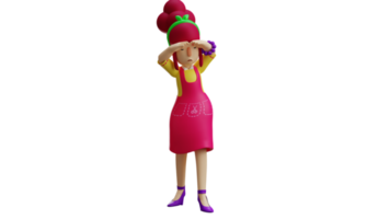 3D illustration. Restaurant worker 3D cartoon character. The waitress was feeling very tired. The maid wiped the sweat off her forehead. Young mother feel tired after cooking. 3D cartoon character png