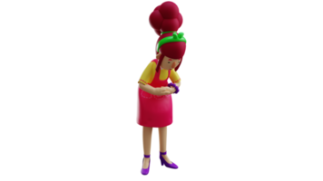 3D illustration. Tired waiter 3D cartoon character. The pitiful maid was in pain. Sick maid holding her stomach. Tired beautiful maid. Tired young mother at work. 3D cartoon character png