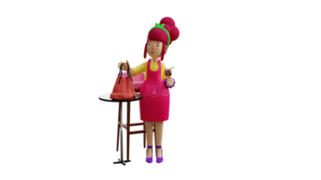 3d ilustración. moderno madre 3d dibujos animados personaje. madre que lleva un bolso y participación un vaso de jugo. hermosa camarera en pie cerca el mesas y sillas en el restaurante. 3d dibujos animados personaje png