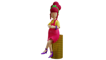 3d illustrazione. ricco ragazza 3d cartone animato carattere. bellissimo donna utilizzando grembiule e pendente su mucchio di oro monete. riuscito domestica chi ha un' lotto di i soldi. riuscito madre è contento. 3d cartone animato personaggio png