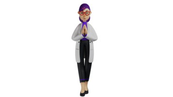 3d ilustración. joven médico 3d dibujos animados personaje. el hermosa médico ahuecado su manos en frente de su pecho. el médico sonrió muy dulcemente. linda médico es acogedor paciente. 3d dibujos animados personaje png