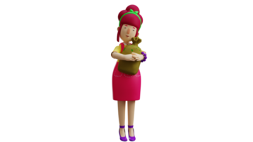 3D illustration. Waiter 3D cartoon character. Beautiful waitress hugging a bag filled with groceries. Mother brought a brown bag. Waitress feels very happy. 3D cartoon character png