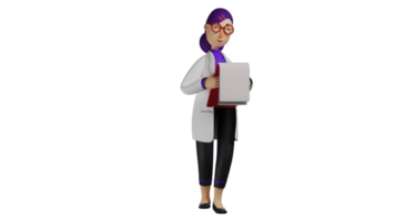 3D illustration. Female Doctor 3D Cartoon Character. Diligent doctor taking notes. Doctor checks her work. Beautiful doctor doing her job in hospital. 3D Cartoon Character png