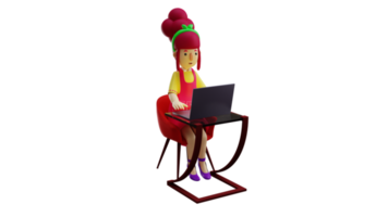 3D illustration. Mother 3D cartoon character. Young mother doing her homework using a laptop. The pretty waitress was working on a report while sitting. The maids work all night. 3D cartoon character png