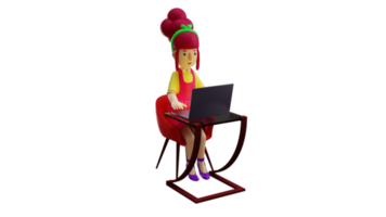 3d Illustration. Mutter 3d Karikatur Charakter. jung Mutter tun ihr Hausaufgaben mit ein Laptop. das ziemlich Kellnerin war Arbeiten auf ein Bericht während Sitzung. das Dienstmädchen Arbeit alle Nacht. 3d Karikatur Charakter png