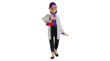 3D illustration. Female Doctor 3D Cartoon Character. The doctor visits his patient. Doctor brings his notebook. The beautiful doctor wears a white coat and her hair is rolled up. 3D Cartoon Character png