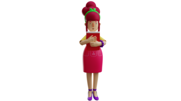 3D illustration. Waiter 3D cartoon character. Waitress wears a pink apron and takes a note. Beautiful waitress handing menu book to customer. Friendly waitress with a sweet smile. 3D cartoon character png