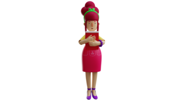 3d ilustração. garçom 3d desenho animado personagem. garçonete desgasta uma Rosa avental e leva uma observação. lindo garçonete entrega cardápio livro para cliente. amigáveis garçonete com uma doce sorriso. 3d desenho animado personagem png