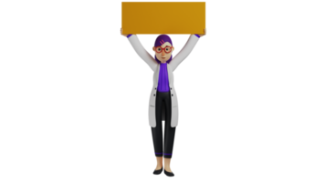 3D illustration. Senior Doctor 3D Cartoon Character. Clever doctor who is giving orders. Beautiful doctor holding up a yellow board. Young doctor is showing something. 3D Cartoon Character png