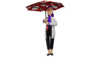 3d illustration. mignonne médecin 3d dessin animé personnage. magnifique médecin des promenades par porter une rouge parapluie avec polka points. médecin est sur le sien façon à le hôpital. 3d dessin animé personnage png