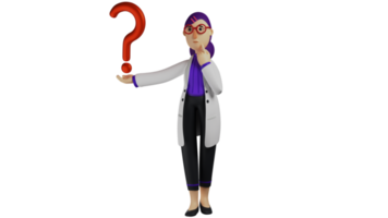 3D illustration. Young Doctor 3D Cartoon Character. Doctor wears a white coat. Beautiful doctor with a big question mark symbol next to her hand. Female doctor looks confused. 3D Cartoon Character
