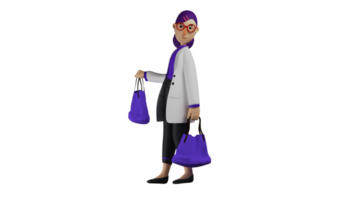 3d illustratie. dokter 3d tekenfilm karakter. vrouw dokter nemen een pauze. de dokter gebracht twee kruidenier Tassen met zijn lunch. de mooi dokter draagt twee Purper Tassen. 3d tekenfilm karakter png