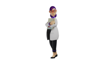 3d ilustração. lindo médico 3d desenho animado personagem. médico traz paciente relatório. a médico em dever carrega uma caderno. médico aluna carregando dele relatório. 3d desenho animado personagem png