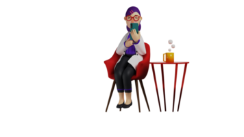 3D illustration. Doctor 3D Cartoon Character. Female doctor sitting pretty in red chair. Beautiful doctor smiling while enjoying a glass of warm drink. 3D Cartoon Character png