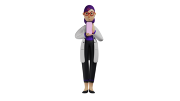 3d illustratie. jong dokter 3d tekenfilm karakter. de vrouw dokter was staand met een zoet glimlach. mooi dokter tonen haar mobiele telefoon Scherm. 3d tekenfilm karakter png