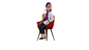 3d ilustración. médico 3d dibujos animados personaje. hembra médico sentado bonito en rojo silla. hermosa médico sonriente mientras disfrutando un vaso de calentar beber. 3d dibujos animados personaje