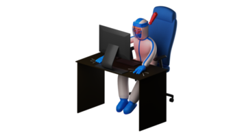 3D illustration. Charismatic Paramedic 3D Cartoon Character. The paramedic was sitting in his work chair. The paramedic was studying something on his computer with a serious face. 3D cartoon character png