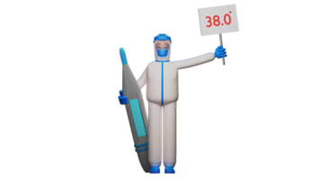 3D illustration. Sad Paramedic 3D Cartoon Character. Paramedic stood up and carried a thermometer and a sign that said 38 degrees celsius. Paramedic with a sad face. 3D cartoon character png